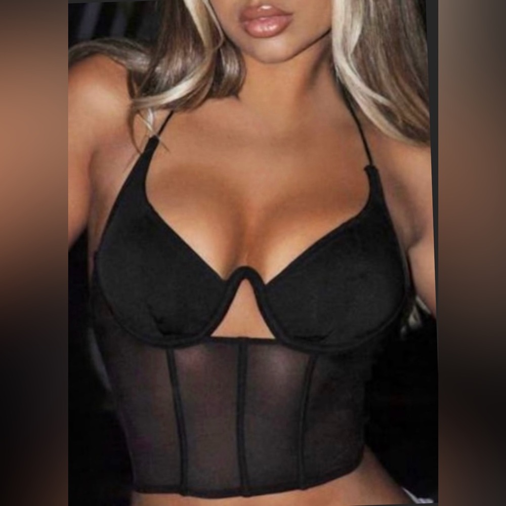 Black Mesh Cutout Wire Halter Crop Top - Small
